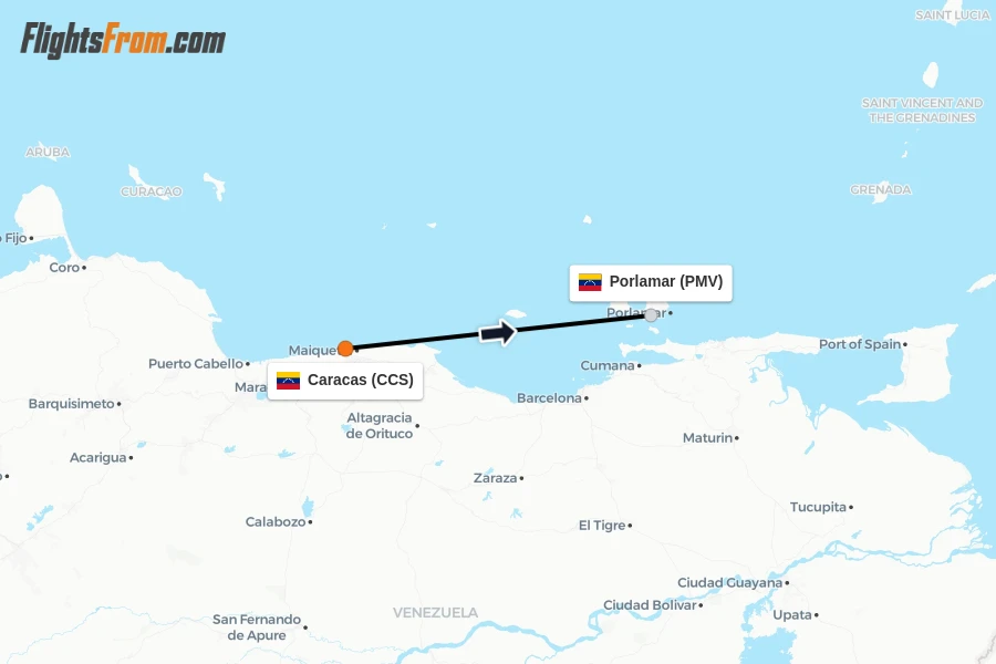 Flights from Caracas to Porlamar route map