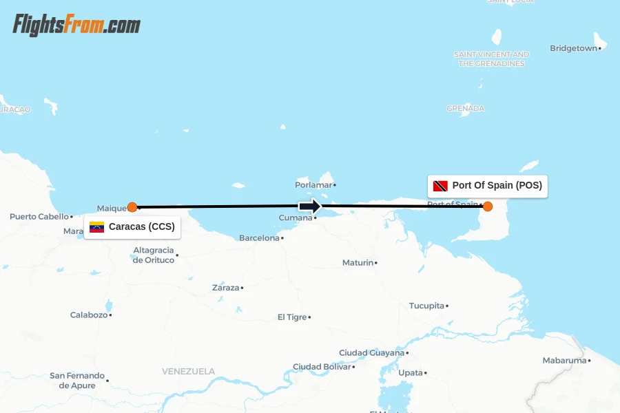 Flights from Caracas to Port Of Spain route map