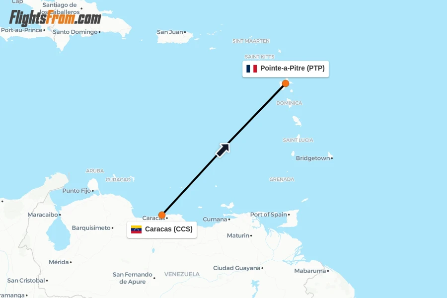 Flights from Caracas to Pointe-a-Pitre route map