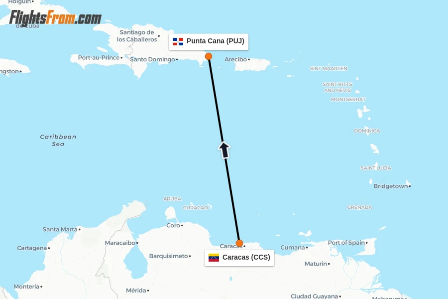 Flights from Caracas to Punta Cana route map