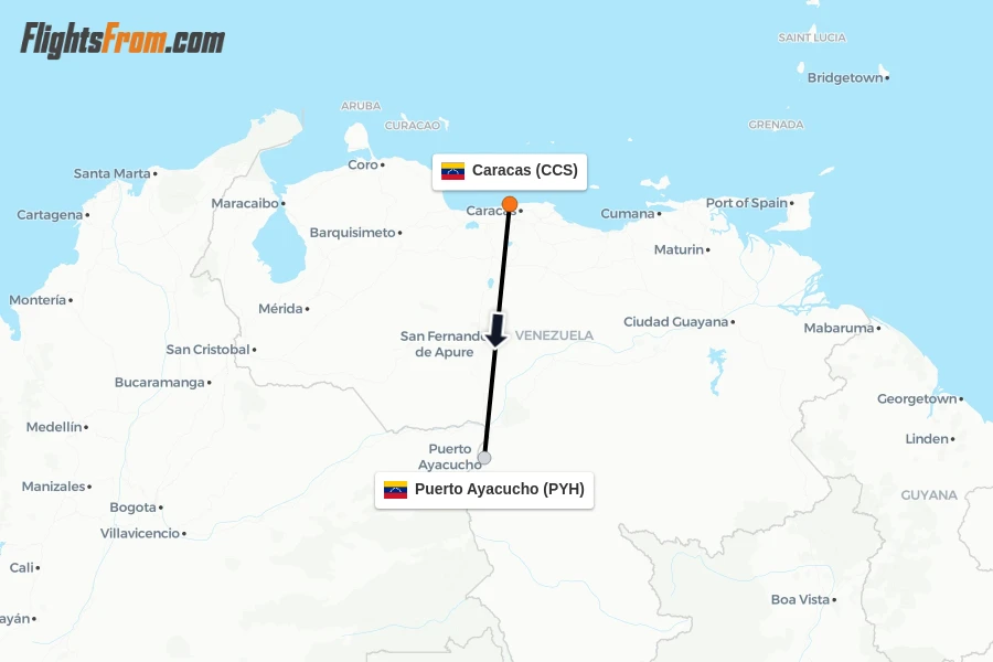 Flights from Caracas to Puerto Ayacucho route map