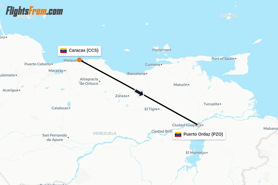 Flights from Caracas to Puerto Ordaz route map