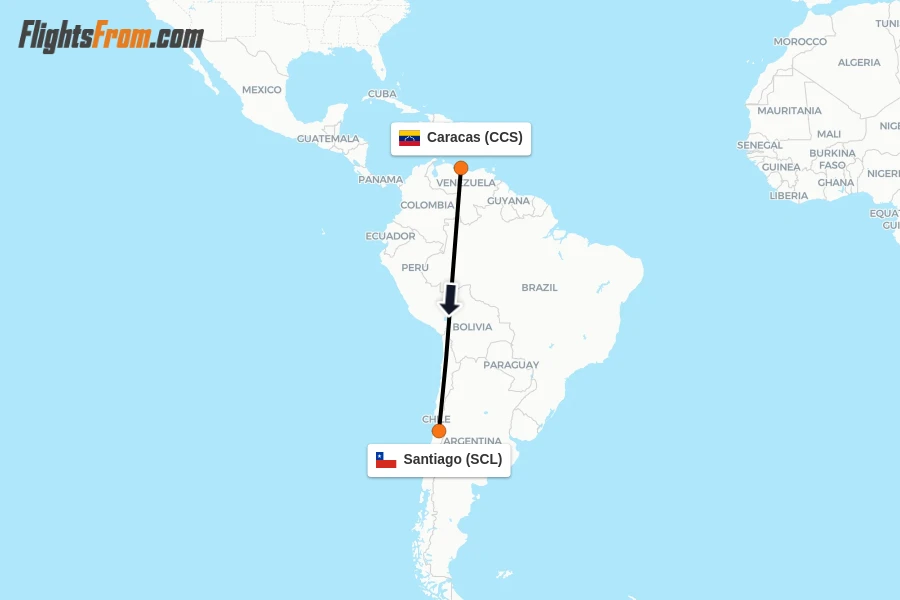 Flights from Caracas to Santiago route map