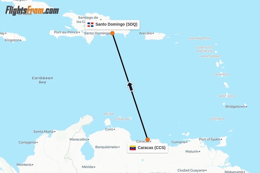 Flights from Caracas to Santo Domingo route map