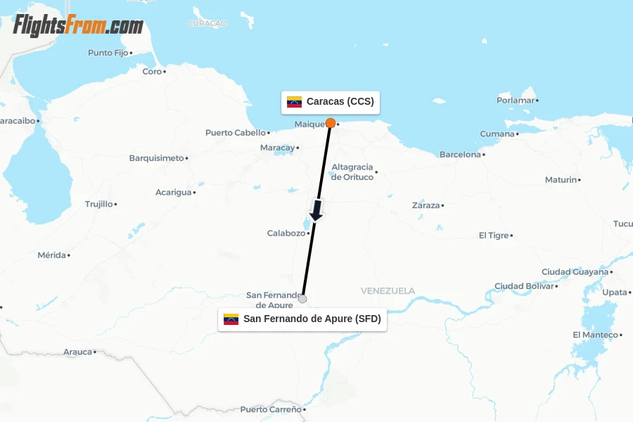 Flights from Caracas to San Fernando de Apure route map