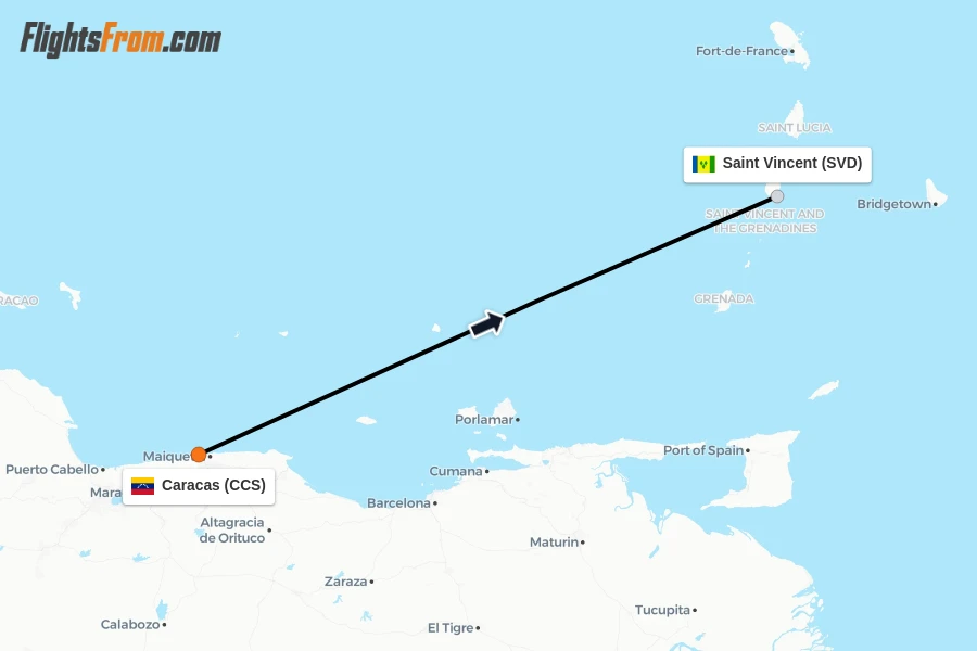 Flights from Caracas to Saint Vincent route map