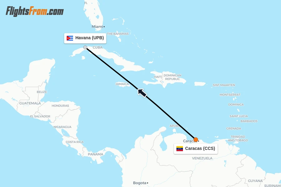 Flights from Caracas to Havana route map