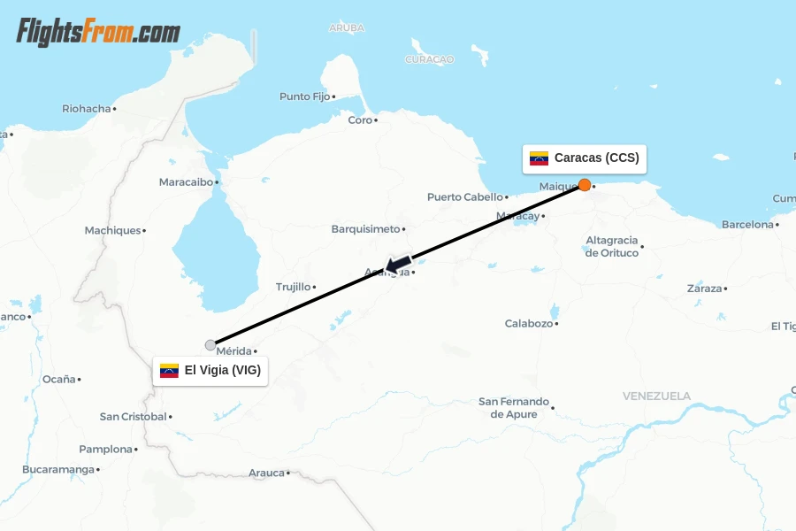 Flights from Caracas to El Vigia route map