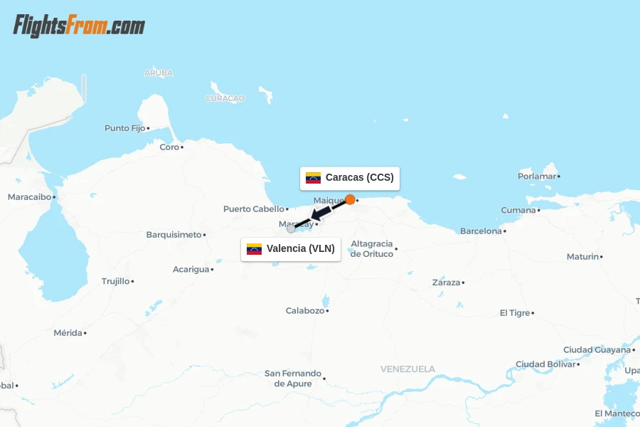 Flights from Caracas to Valencia route map