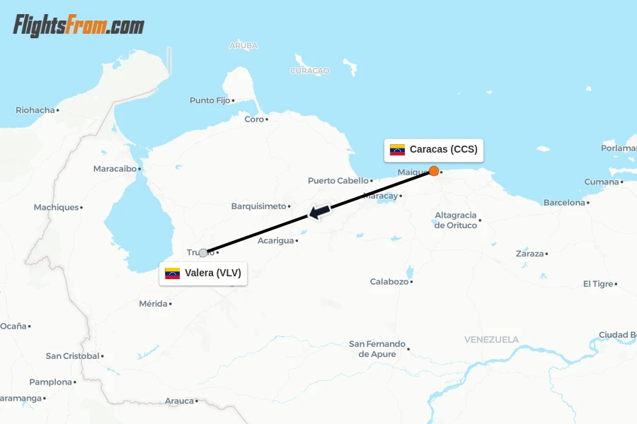 Flights from Caracas to Valera route map