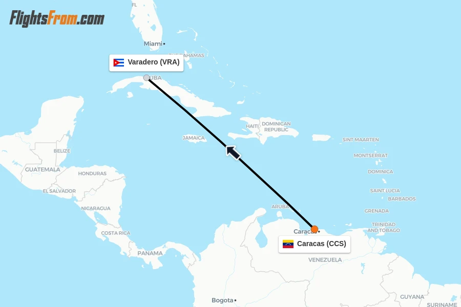 Flights from Caracas to Varadero route map