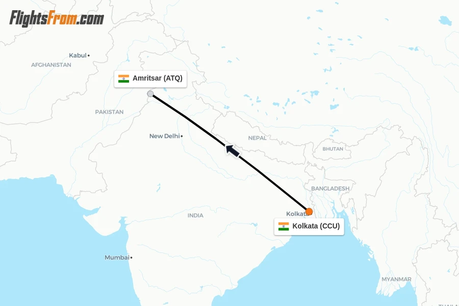 Flights from Kolkata to Amritsar route map