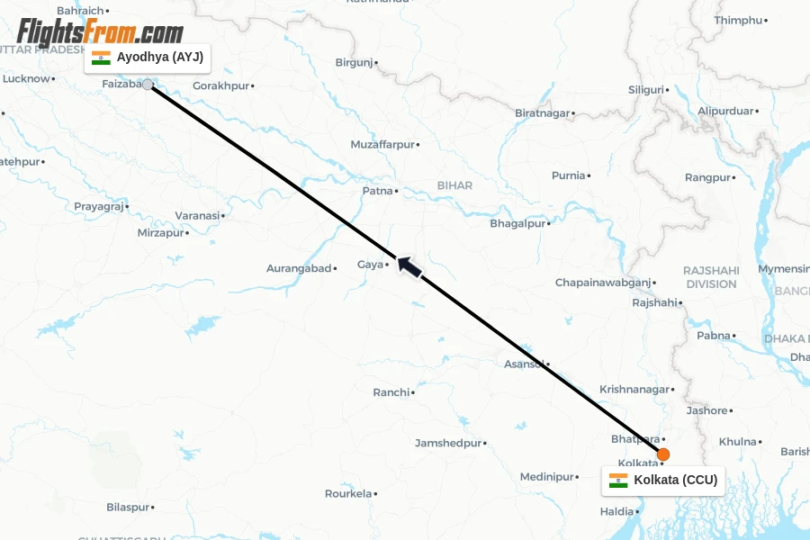 Flights from Kolkata to Ayodhya route map