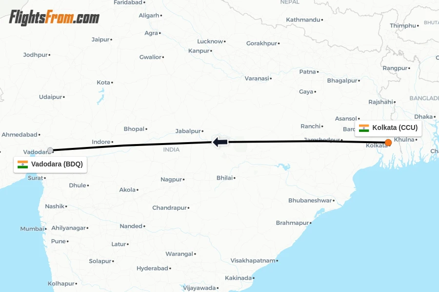 Flights from Kolkata to Vadodara route map