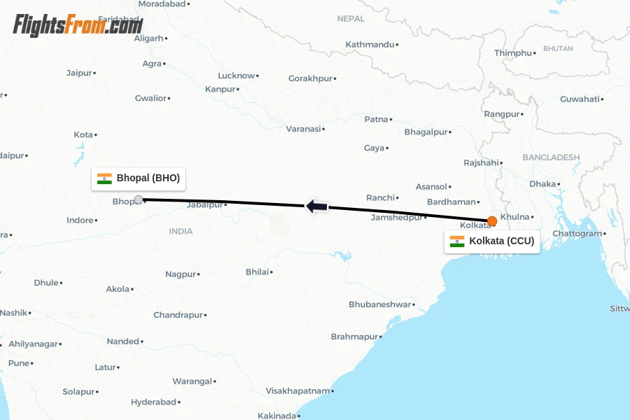 Flights from Kolkata to Bhopal route map
