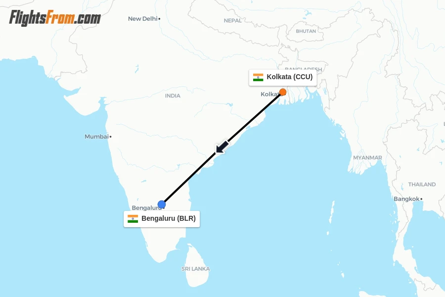 Flights from Kolkata to Bengaluru route map
