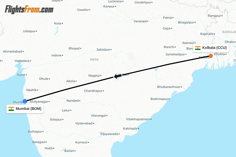 Flights from Kolkata to Mumbai route map