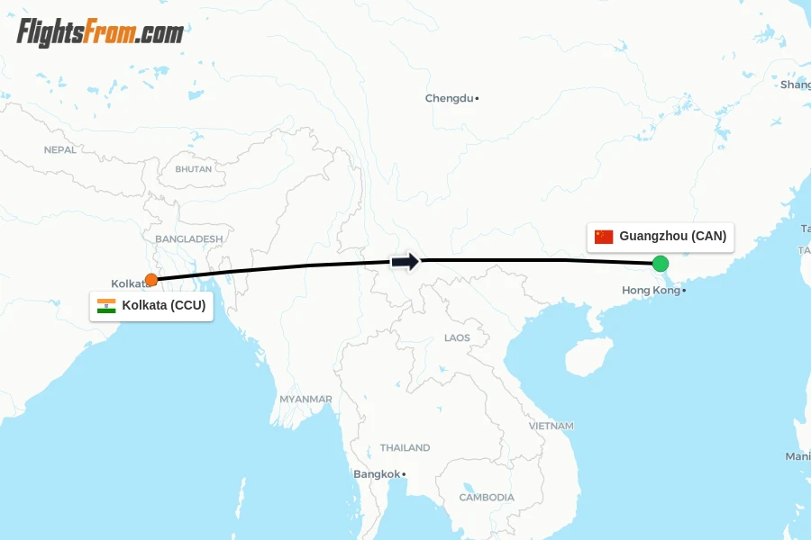 Flights from Kolkata to Guangzhou route map