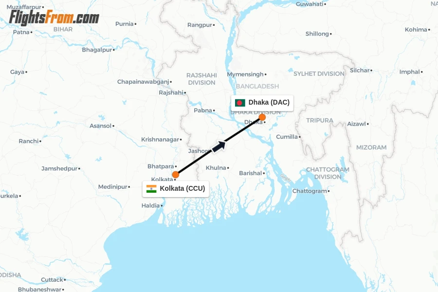 Flights from Kolkata to Dhaka route map