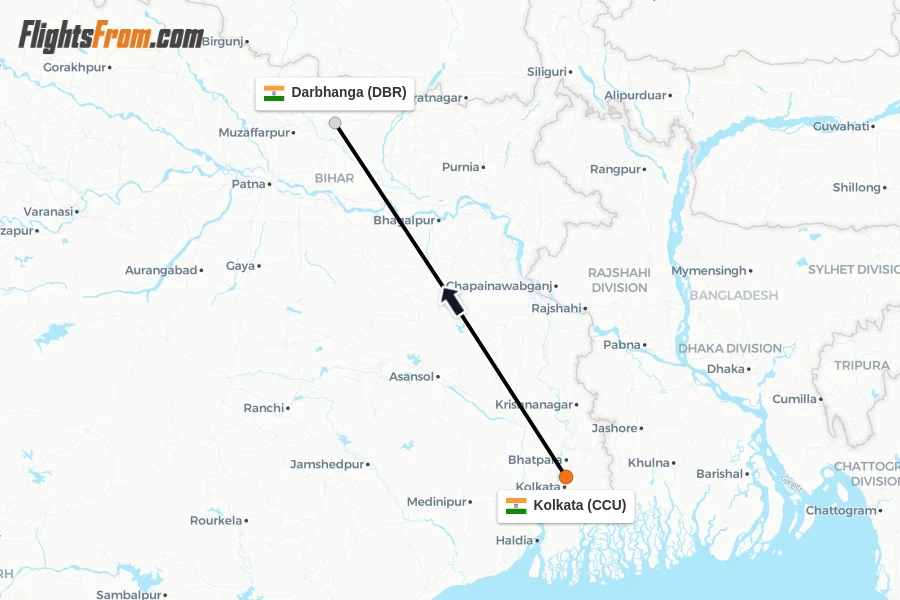 Flights from Kolkata to Darbhanga route map