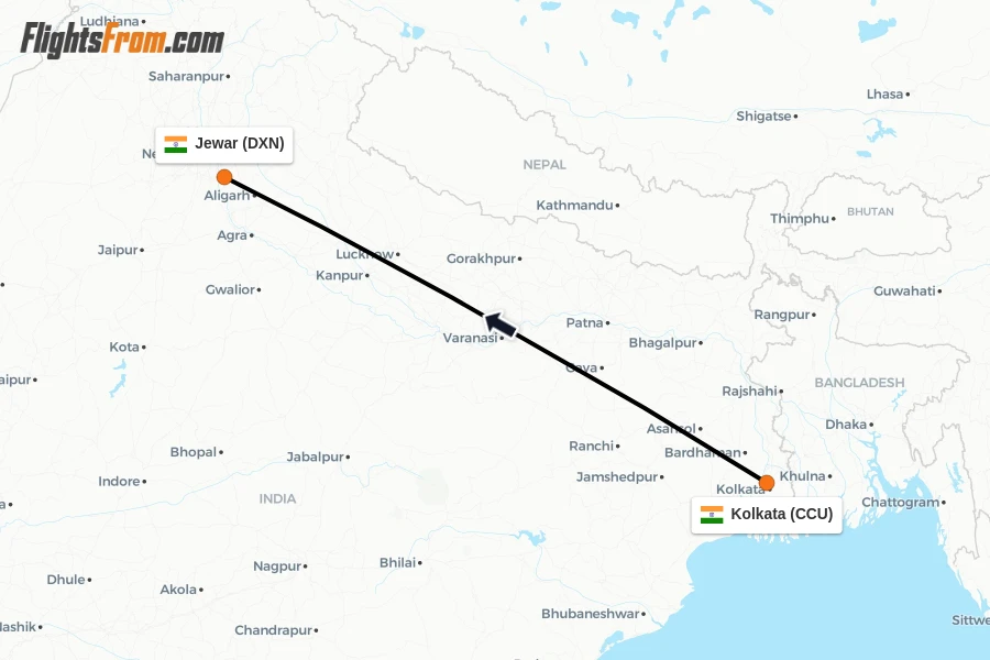 Flights from Kolkata to Jewar route map