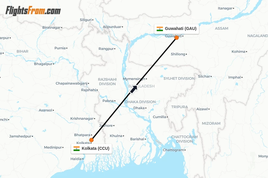 Flights from Kolkata to Guwahati route map