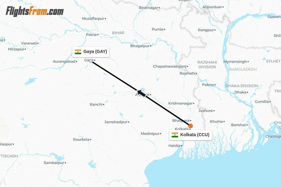 Flights from Kolkata to Gaya route map