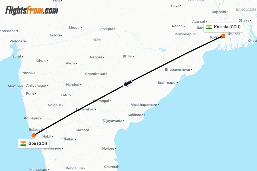 Flights from Kolkata to Goa route map