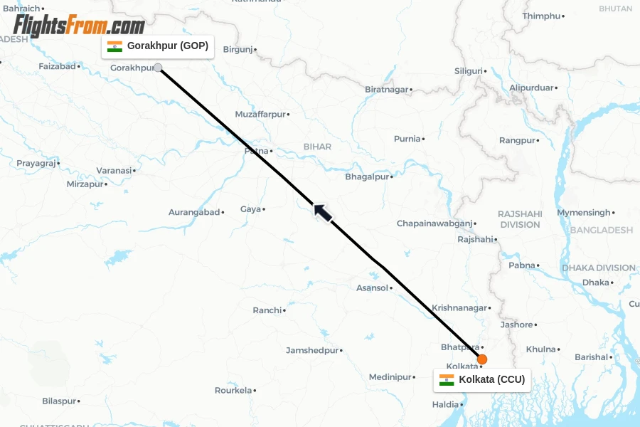 Flights from Kolkata to Gorakhpur route map