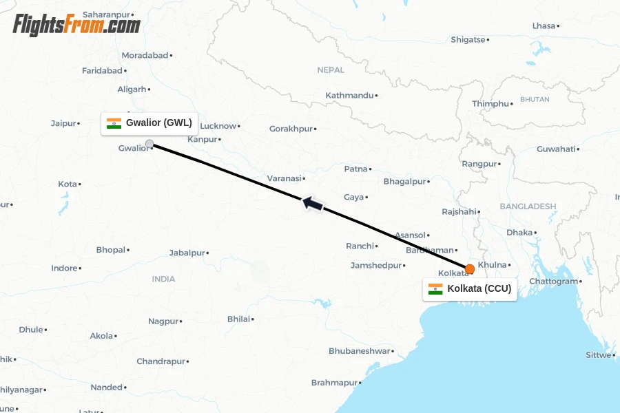 Flights from Kolkata to Gwalior route map