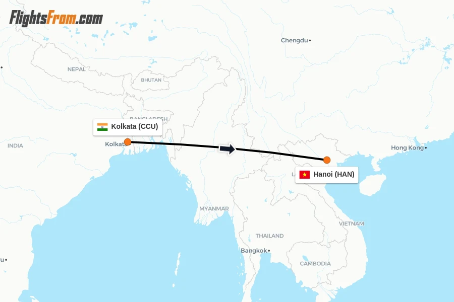 Flights from Kolkata to Hanoi route map