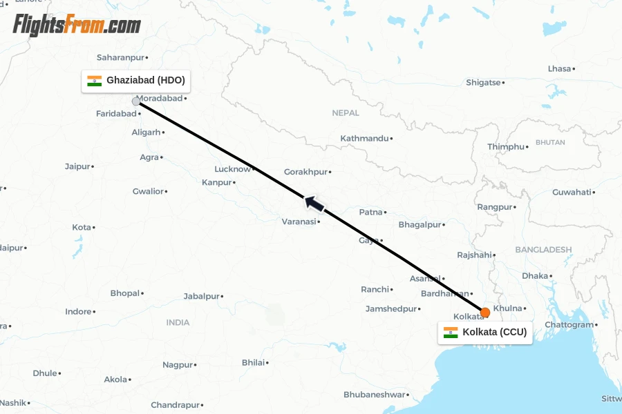 Flights from Kolkata to Ghaziabad route map