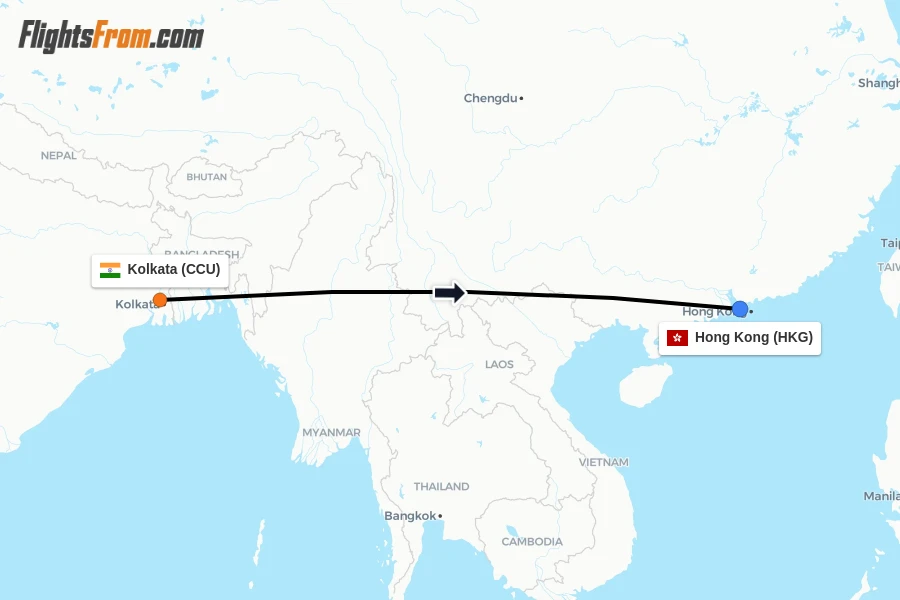 Flights from Kolkata to Hong Kong route map