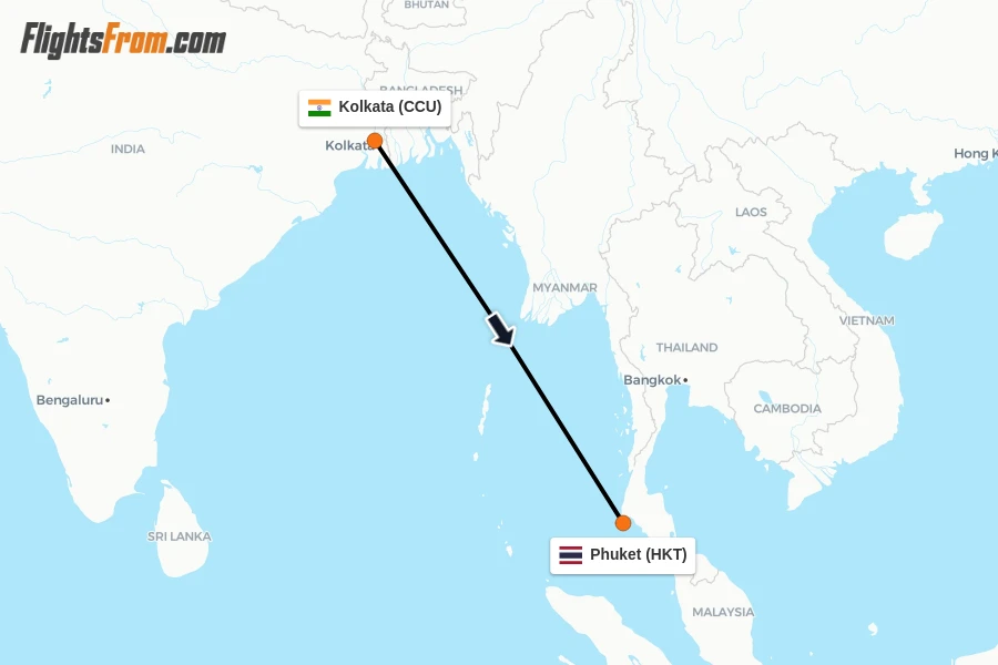 Flights from Kolkata to Phuket route map