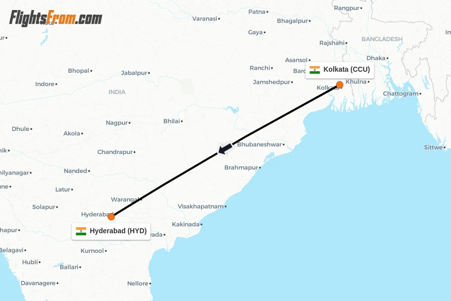 Flights from Kolkata to Hyderabad route map