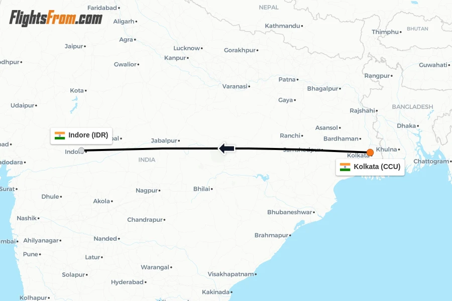 Flights from Kolkata to Indore route map