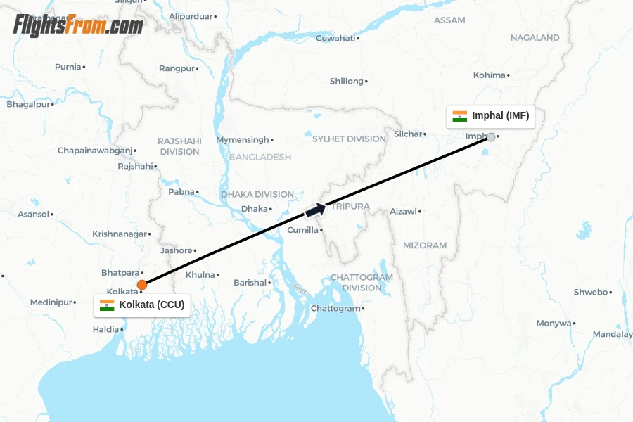 Flights from Kolkata to Imphal route map