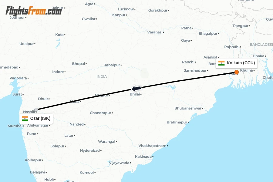 Flights from Kolkata to Ozar route map