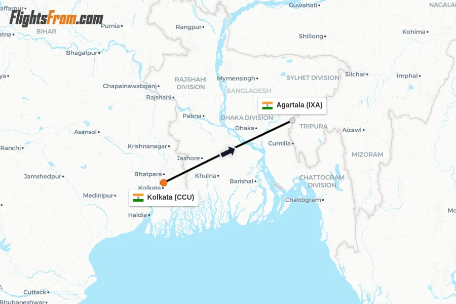 Flights from Kolkata to Agartala route map
