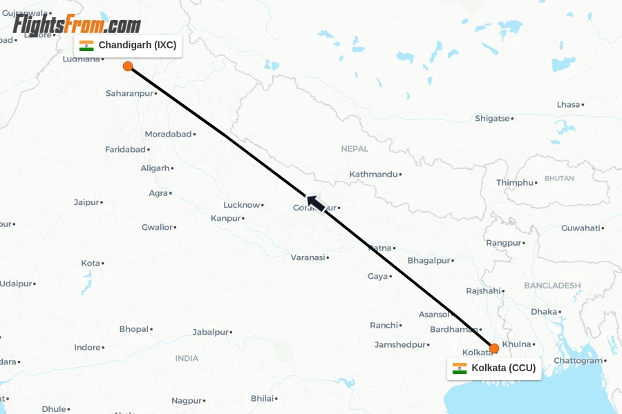 Flights from Kolkata to Chandigarh route map