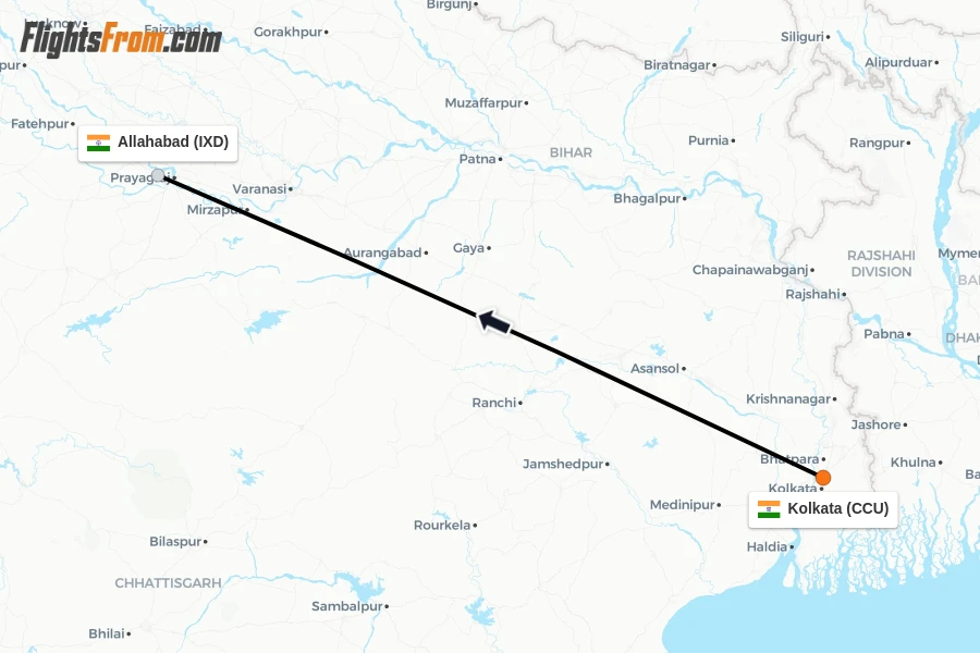 Flights from Kolkata to Allahabad route map