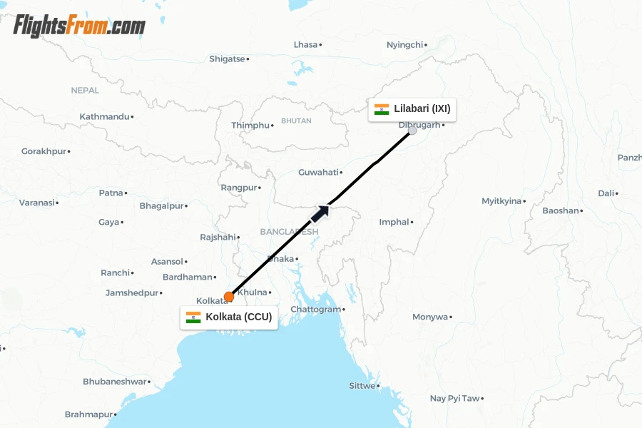 Flights from Kolkata to Lilabari route map