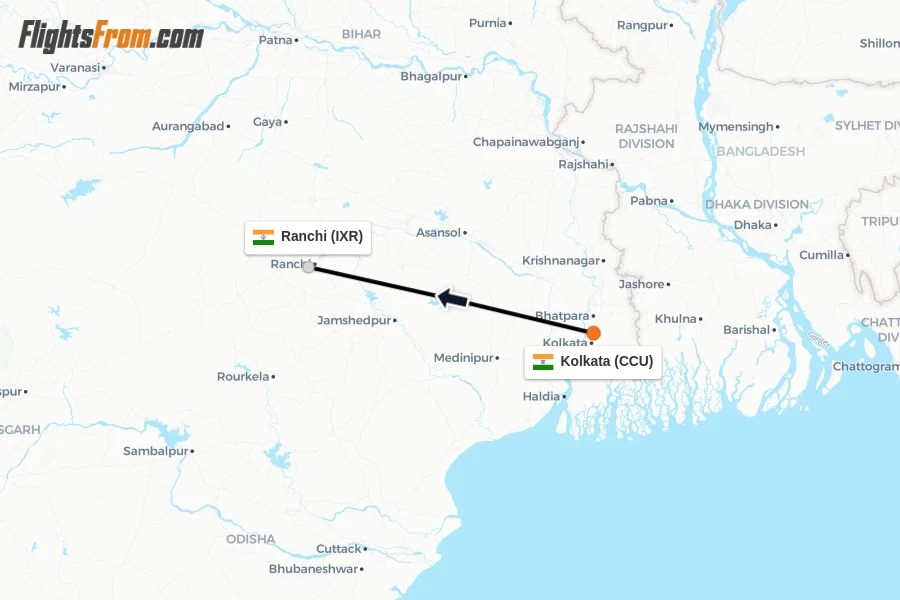 Flights from Kolkata to Ranchi route map