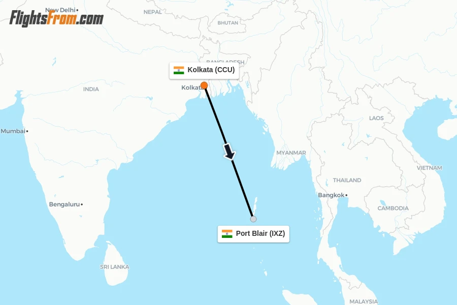 Flights from Kolkata to Port Blair route map
