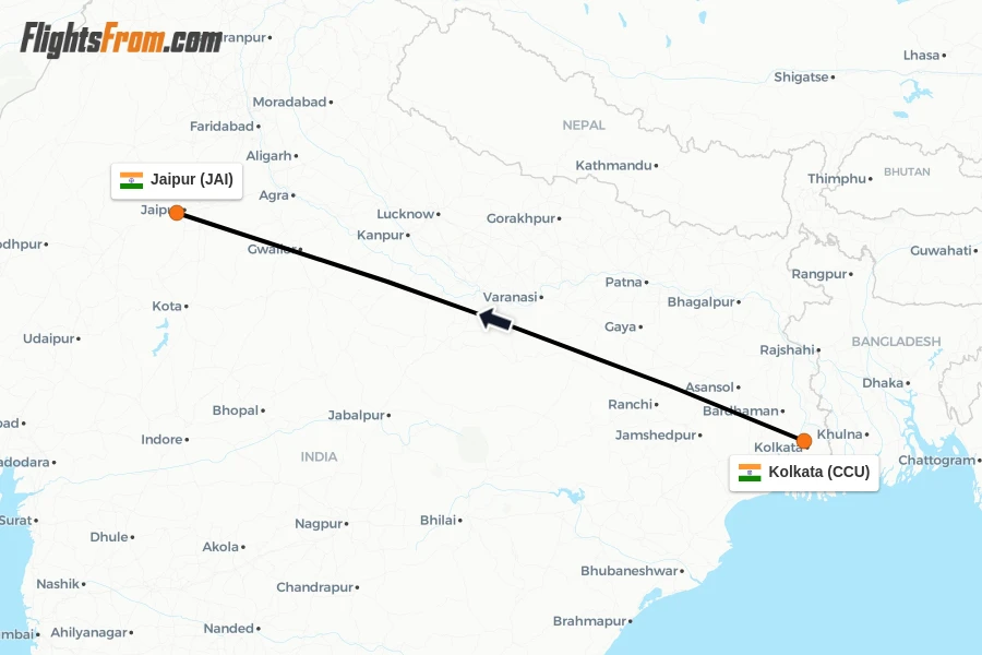 Flights from Kolkata to Jaipur route map