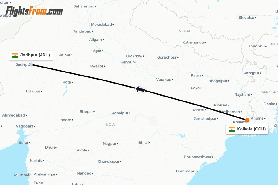 Flights from Kolkata to Jodhpur route map