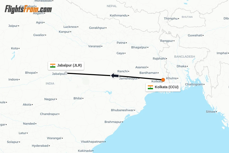 Flights from Kolkata to Jabalpur route map
