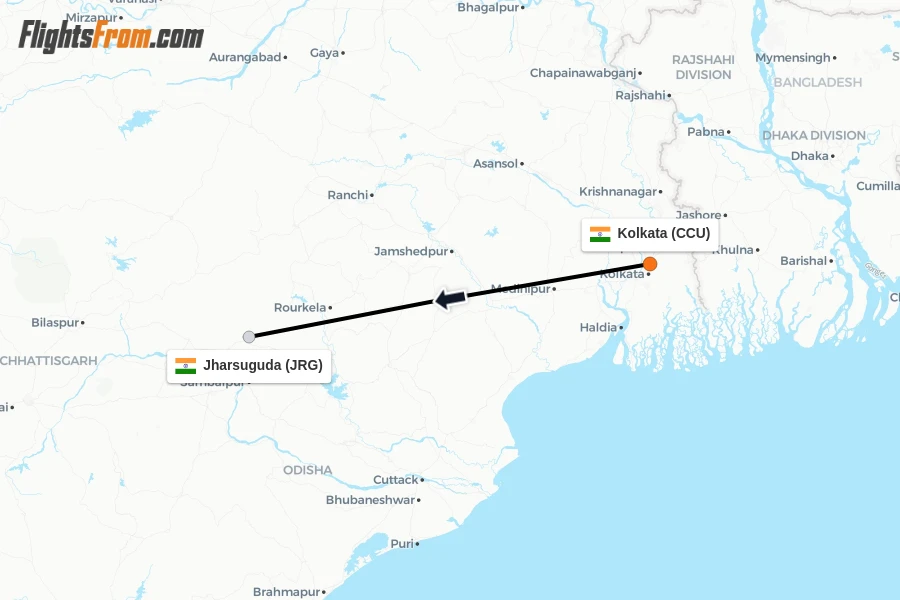 Flights from Kolkata to Jharsuguda route map