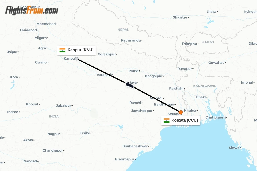 Flights from Kolkata to Kanpur route map