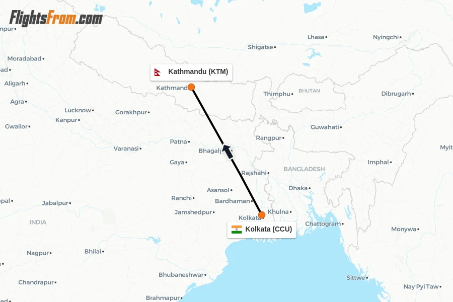 Flights from Kolkata to Kathmandu route map